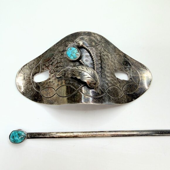 Navajo David F. Garciahand made Sterling Turquoise Hair Barrette 53.2g SS202 main image 6
